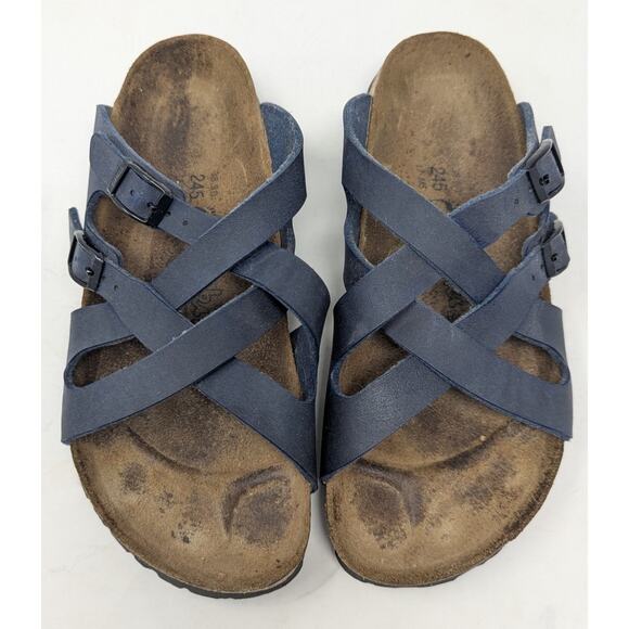 Birki’s Birkenstocks Navy Blue Leather Criss-Cross Sandals 38 EU / US Women’s 7 - Picture 1 of 4